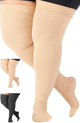 ABSOLUTE SUPPORT Plus Size Medical Compression Stockings for Women & Men 20-30mmHg - Unisex Wide Calf Thigh High Compression Stockings for Maternity, Thrombosis, Sclerotherapy - Beige, 5X-Large