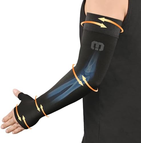 MGANG Lymphedema Compression Arm Sleeve with Gauntlet for Women Men, Opaque, 15-20 mmHg Medical Graduated Compression Full Arm Support, Thumb Lymph Edema Arm Sleeve, Pain Relief, Arthritis, Black M