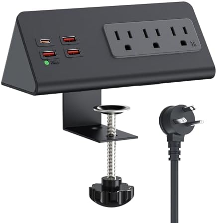 Nightstand Charging Station with PD 20W USB C, Nightstand Edge Power Strip with 3 AC Outlets, 4 Fast Charging USB Ports, Connect 6.56FT Flat Plug, Desk Surge Protector for Office Home Hotel, Black