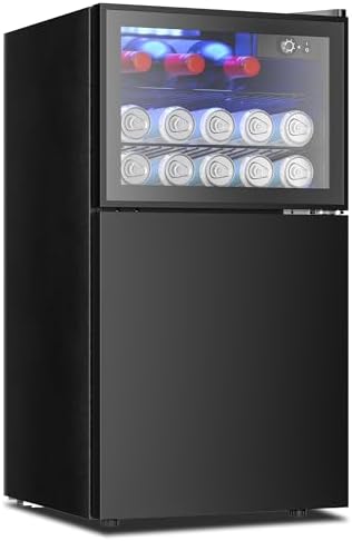EUHOMY Double Door Mini Fridge With Freezer, Freestanding Drink Fridge With Reversible Door, Compact Refrigerator Temperature Control, Wine Fridge Perfect For Kitchen Office Bar.