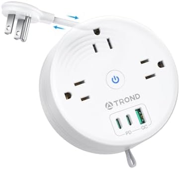 TROND 20W USB C Travel Power Strip - Retractable Extension Cord 5ft Ultra Thin Flat Plug, Power Strip with 3 AC Outlets and USB C Fast Charging, Cruise Ship Essentials, for Home Hotel Dorm Room, White