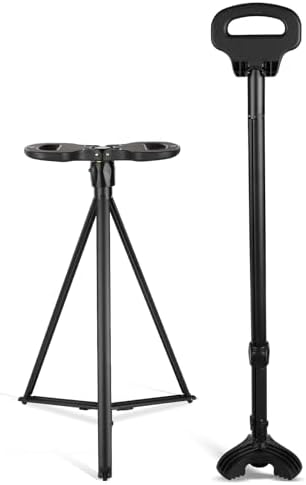 Foldable Cane with Seat for Seniors - Adjustable 7-Height Lightweight Walking Stick Chair, Portable Folding Cane Chair with Ergonomic Handle & Anti-Slip Base, Durable Aluminum Mobility Aid (Black)