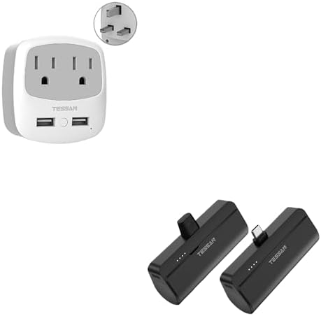 UK Ireland Travel Plug Adapter, TESSAN Type G Power Adaptor with 2 USB Charger Ports 2 AC Outlets, Mini Portable Charger, 5000mAh Small Power Bank, Battery Pack for iPhone 15/15 Plus/15 Pro/15 Pro Max
