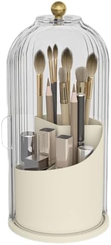 Makeup Brush Holder with Dustproof Cover 360 Rotating Makeup Brush Organizer for Vanity Bathroom, White/Beige