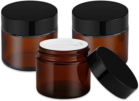 2 oz Amber Glass Jars with Lids, Bumobum 3 pack Small Jars with White Labels & Inner Liners, 60 ml Empty Round Cosmetic Containers for Sample, Powder, Cream, Lotion, Spice