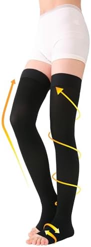 TOFLY® Thigh High Compression Socks for Women & Men (Pair), Open Toe, Opaque, Firm Support 30-40mmHg Graduated Compression Hose, Medical Compression Stockings for Varicose Veins, Edema, DVT, Black 5XL