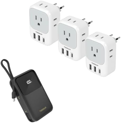 TESSAN 3 Pack European Travel Plug Adapter USB C, US to Europe Plug Adapter with 4 AC Outlets and 3 USB Charger, Type C Power Adaptor for USA to EU Euro Spain France with Portable Battery Pack