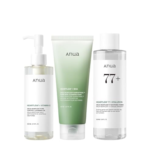 Anua Heartleaf Trio : Heartleaf Pore Control Cleansing Oil & Heartleaf Quercetinol Pore Deep Cleansing Foam & Anua Heartleaf 77 Soothing Toner, Double Cleansing, Gentle Korean Skincare