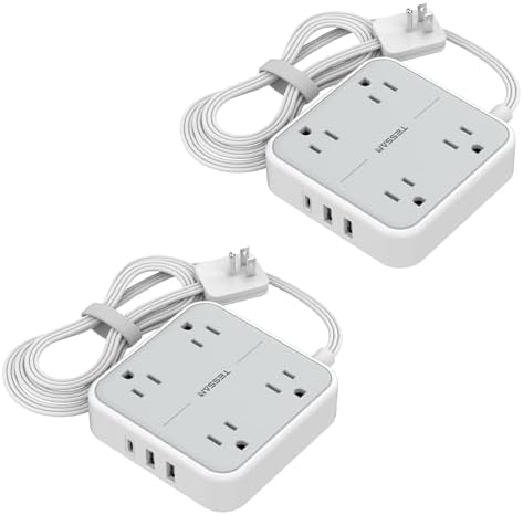 Flat Extension Cord ，TESSAN Ultra Thin Power Strip with 3 USB Wall Charger(1 USB C Port), 4 Outlets Slim Desk Charging Station，Dorm Room Essentials