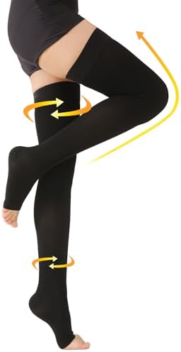 MGANG Medical Thigh High Compression Stockings for Men & Women, Pair, Open Toe, 20-30 mmHg Graduated Compression Support Hose, Opaque, Best for Varicose Veins, Edema, Flight, DVT, Swelling, Black 4XL