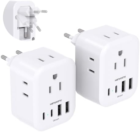 2 Pack European Travel Plug Adapter, International Power Adapter with 4 Outlets 4 USB C Ports (2 USB C), Foldable Type C Adapter for US to Most of Europe EU Italy Spain Greece Portugal France Germany