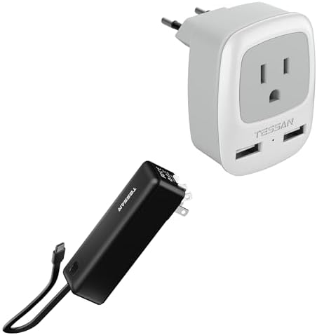 TESSAN European Travel Plug Adapter, International Power Plug with 2 USB Ports, Type C Outlet Adaptor Charger, Portable Charger Power Bank, 3 in 1 Power Bank 20W Fast Charging