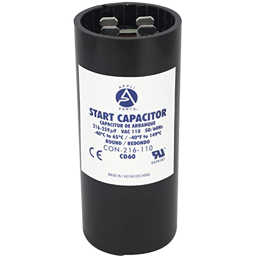 Appli Parts Motor Start Capacitor 216-259 Mfd (microfarads) uF 110-125 VAC Universal fit for Electric Motor Applications 1-7/16 in Diameter 3-3/8 in Height CON-216-110