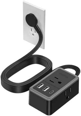 NTONPOWER Flat Extension Cord 10 ft, Extension Cord Flat Wall Plug with 3 Outlets 3 USB (1 USB C), Black Extension Cord for Home Office Dorm Room Essentials