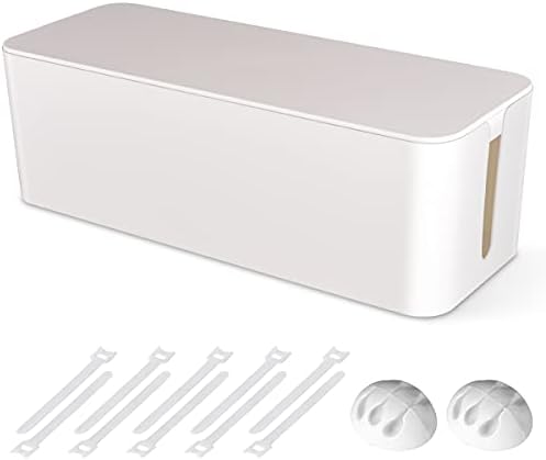 Cable Management Box, Large Cord Organizer Box to Hide Power Strip & Under Desk,TV Computer Wires Cable Organizer Hider Box with Cable Clips&Reusable Cable Ties for Home/Office(White)