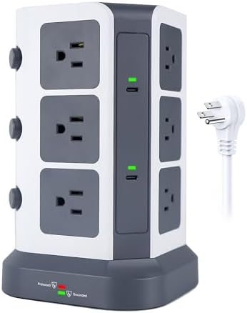 KOOSLA Power Strip Tower with 2 USB C, 1500J Surge Protector with 12 Outlets& 5 USB(1875W/15A), 6.5ft Extension Cord with Multiple Outlets,Home Office Desk Supplies, Dorm Room Essentials, Gray