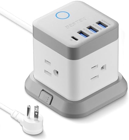 BESTEK Power Strip with USB, Vertical Cube Mountable Power Outlet Extender with 3 Outlets, 3 USB & 1 USB-C PD20W Ports, 5 Feet Extension Cord Flat Plug and Detachable Base for Easy Mounting