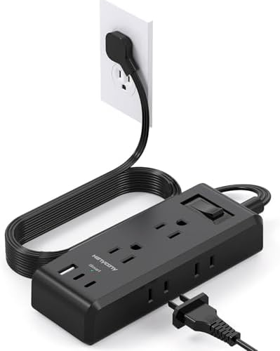 Black Extension Cord 10 Ft, Ultra-Thin Flat Plug Power Strip with 6 Outlets and 3 USB Ports (2 USB C), Long Extension Cord with Multiple Outlets for College Dorm Room Home Office Desk Essentials