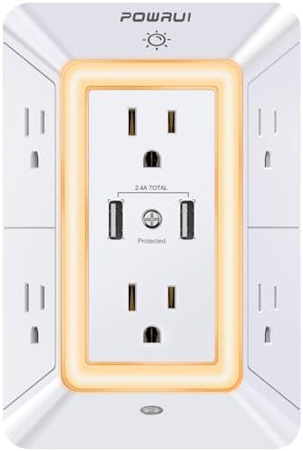 USB Wall Charger, Surge Protector, POWRUI 6-Outlet Extender with 2 USB Charging Ports (2.4A Total) and Night Light, 3-Sided Power Strip with Adapter Spaced Outlets - White，ETL Listed