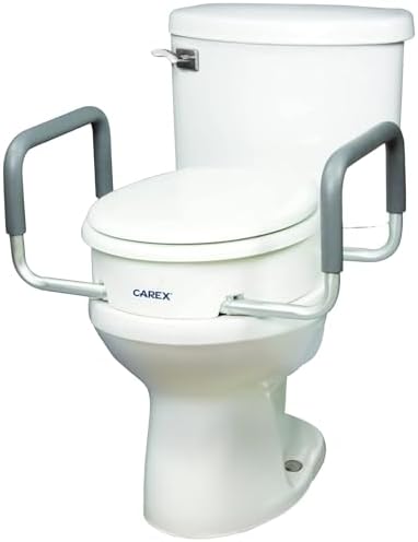 Compass Raised Toilet Seat with Arms, Elongated Toilets, 3.5 Inch High, Elevated Toilet Riser with Removable Padded Handles, Easy On and Off, Support 250 lbs, White