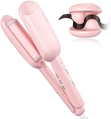 NOVUS Wave Curling Iron, Beach Waves Curling Wand, Ionic Hair Waver with Anti-Scald Hair Crimper, Easy to Use, 2 Barrel Hair Crimper for Short Hair Women, Pink, 1.25 Inch