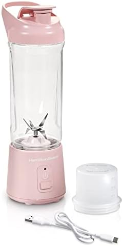 Hamilton Beach Mini Cordless Portable Personal Blender for Shakes and Smoothies, USB Rechargeable, 16 oz. Jar with Leakproof Travel Lid, 6 Stainless Steel Blades, Pink (51181)