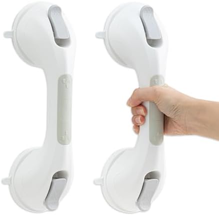Shower Handle 2 Pack, 12 Inch Grab Bar for Bathtubs and Showers, Strong Suction Cup Safety Handrail for Seniors, Elderly, Injury Recovery, No Drilling Waterproof Bathroom Grip, Grey