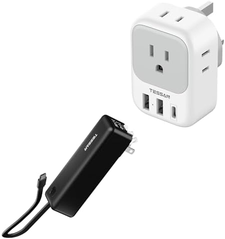 US to UK Plug Adapter, TESSAN Type G Travel Converter with 3 USB Charger(1 USB C Port), 4 Outlets Power Adaptor, in 1 Power Bank 20W Fast Charging