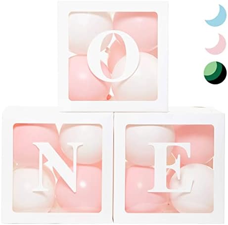 First Birthday Balloon 'ONE' Boxes for Baby Girl WITH 24 Balloons - Baby 1st Birthday Girl Decoration Clear Cube Blocks 'ONE' Letters as Cake Smash Photoshoot Props First Birthday Decorations Backdrop