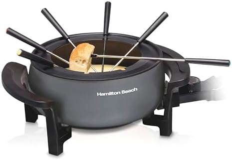 Hamilton Beach 12 Cup Electric Fondue Pot Set with Temperature Control, 6-Color Coded Forks, for Cheese, Chocolate, Hot Oil, Broth, 3 Quart PFAS-Free Nonstick Interior, Gray (86202)