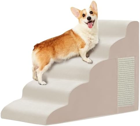 Pet Stairs for Small Dogs - 5-Step Curved Dog Ramp for Bed, Couch, Sofa, Car and Chairs - Non-Slip Bottom Design - Cat Scratching Board - High Density Foam Portable Pet Step - Beige