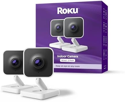 Roku New Indoor Camera 2024 - Home Security - 2-Pack - Wired Security Camera & Pet Monitor with 1080p HD Color Night Vision, Works with Alexa & Google, Motion & Sound Detection, WDR & WiFi 6