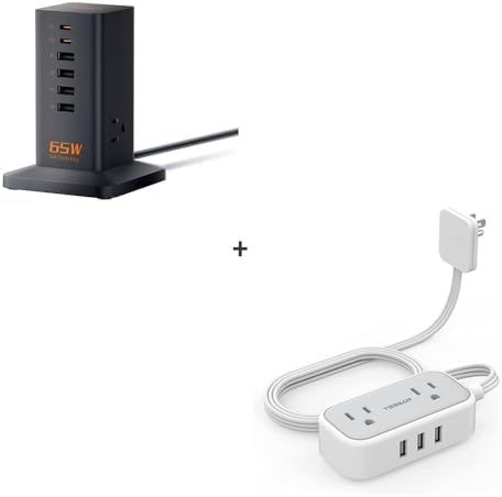 Flat Plug Extension Cord with 3 USB Ports Bundle, TESSAN Ultra Thin Power Strip with GaN USB Fast Charger, Small 5 ft Desk Charging Station for Multiple Devices for Travel Office Dorm Room Essentials