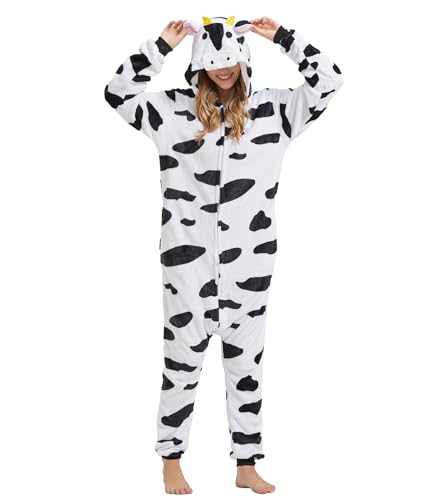 QUCH Adult Onesie Costume-Unisex Animal Onesies for Adults Halloween Costume, Halloween Onesie Adult Onesie Pajamas for Women Cow L