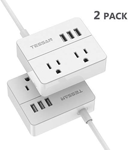 2 Pack Portable 2 Outlet Travel Power Strip with 3 USB Ports Desktop Charging Station 5 Ft Extension Cord,Cord,Compact for Cruise Ship,Nightstand-White
