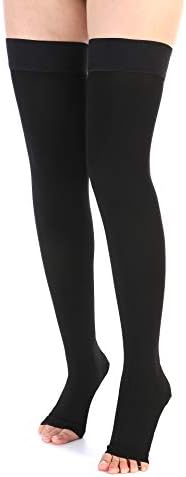 Leotruny Women Men 20-30 mmHg Support Open-Toe Thigh High Compression Stockings (C02-Black, Large (1 Pair))