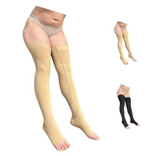 Thigh High 20-30 mmHg Compression Wide Calf Inside Leg Zipper Open Toe (Nude, Small-Medium)