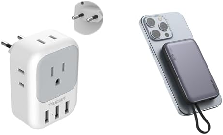 TESSAN European Travel Plug Adapter, EU Power Plug with 4 AC Outlets 3 USB Ports, US to Most of Europe, Magnetic Portable Charger 10000mAh, Battery Pack for iPhone 15/14/13/12/Mini/Pro/Pro Max