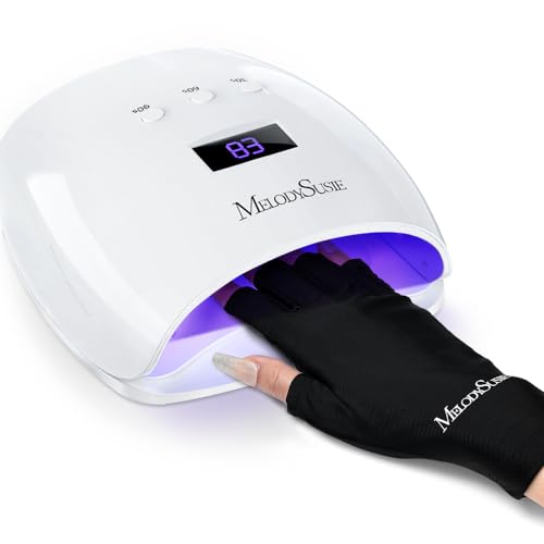MelodySusie 54W UV LED Nail Lamp with UV Gloves Kit, Professional Nail Light for Gel Nails Fast Curing with Auto Sensor & 3 Timer Setting, UPF50+ Anti UV Glove for Nail Art Manicure Protection
