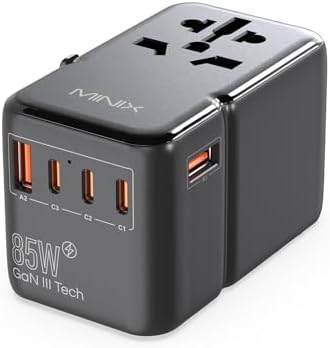 MINIX 85W Universal Travel Adapter, GaN III International Power Adapter, 3 USB-C 2 USB-A Ports, AC Outlet, Worldwide US/UK/EU/AU Travel Charger for Laptops Tablets Phones and More
