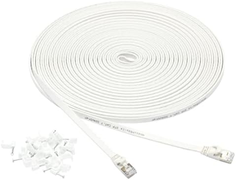 Amazon Basics RJ45 Cat 7 Ethernet Patch Cable, Flat, 600MHz, Snagless, Includes 20 Nails, 50 Foot, White