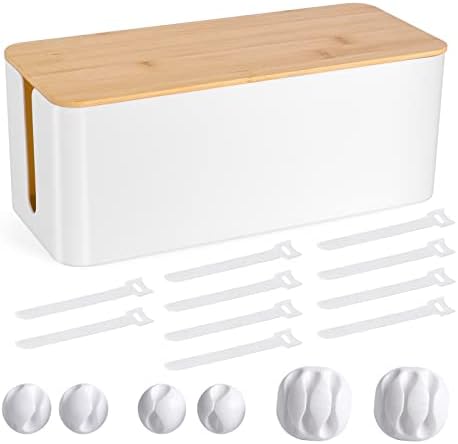 Cable Management Box - Wooden Style Cord Organizer Box to Hide Wires & Power Strips | Desk Computer Cable Organizer Box | Safe ABS Material | 12.6" (L) x 5.3" (W) 4.9" (H) | for Home & Office - White