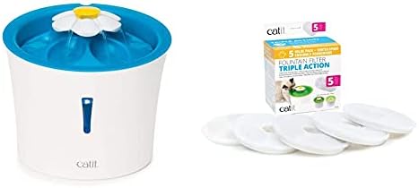Catit LED Flower Fountain with Set of 5 Triple Action Filters, Cat Drinking Water Fountain, Blue, 3 L