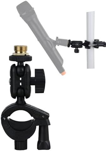 Mic Clamp Microphone Mount with Double Ball Head Adjustment, with 1/4" to 5/8" Copper Screw, Fits Mic Stand