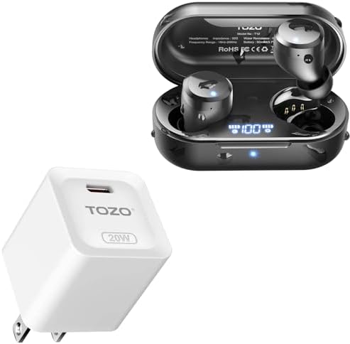TOZO T12 Bluetooth Wireless Earbuds Black +C1 USB C 20W PD Power Adapter Fast Wall Charger Type C White