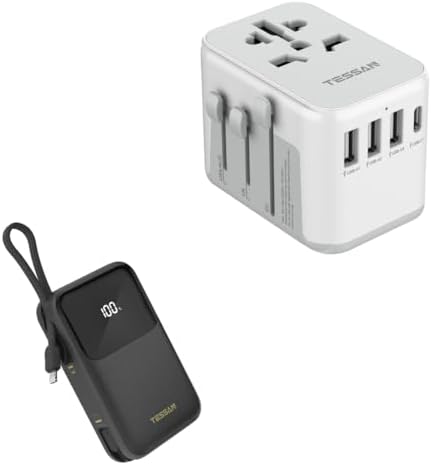 TESSAN Universal Travel Adapter, International Power Adapter with 4 USB Ports (1 USB C), Worldwide Plug Adaptor Wall Charger for USA to Europe UK France Germany with Portable Battery Pack