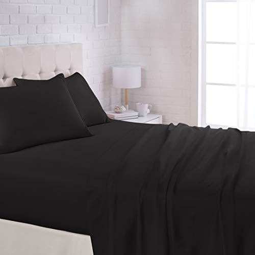 Amazon Basics Lightweight Super Soft Easy Care Microfiber Comfortable Fits Well 4-Piece Bed Sheet Set with 14-Inch Deep Pockets, Queen, Black, Solid