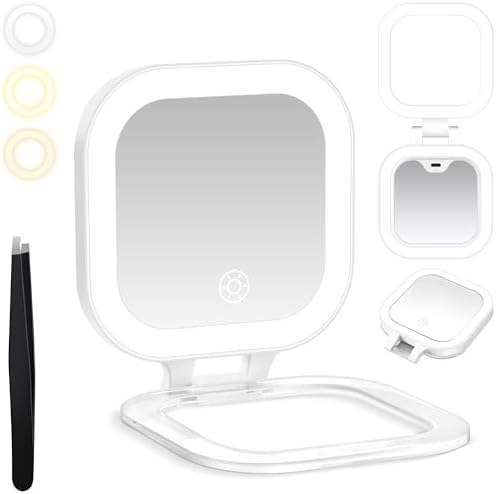 Travel Mirror with Lights, 1x/30x Magnifying Mirror with 3 Color Lights and Adjustable Brightness, Small Compact Hangable Hand Pocket 3 Way Mirror, Comes with Tweezer