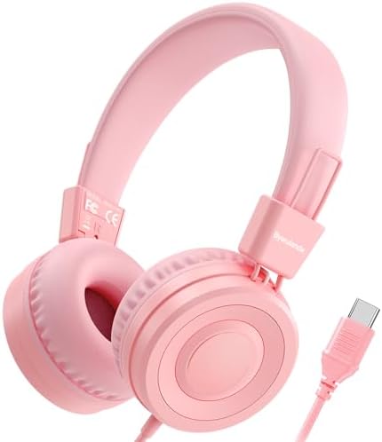 Upgrade USB Type C Kids Headphone for School, 94dB Safe Volume Limited, HD Stereo Sound, Foldable Lightweight On-Ear Headphones for Boys/Girls/Students/Tablet/Travel(Light Pink)