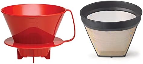 Fino Pour-Over Reusable Coffee Brewing Cone with Gold-Toned Mesh Permanent Coffee Filter, Number 4-Size, Red